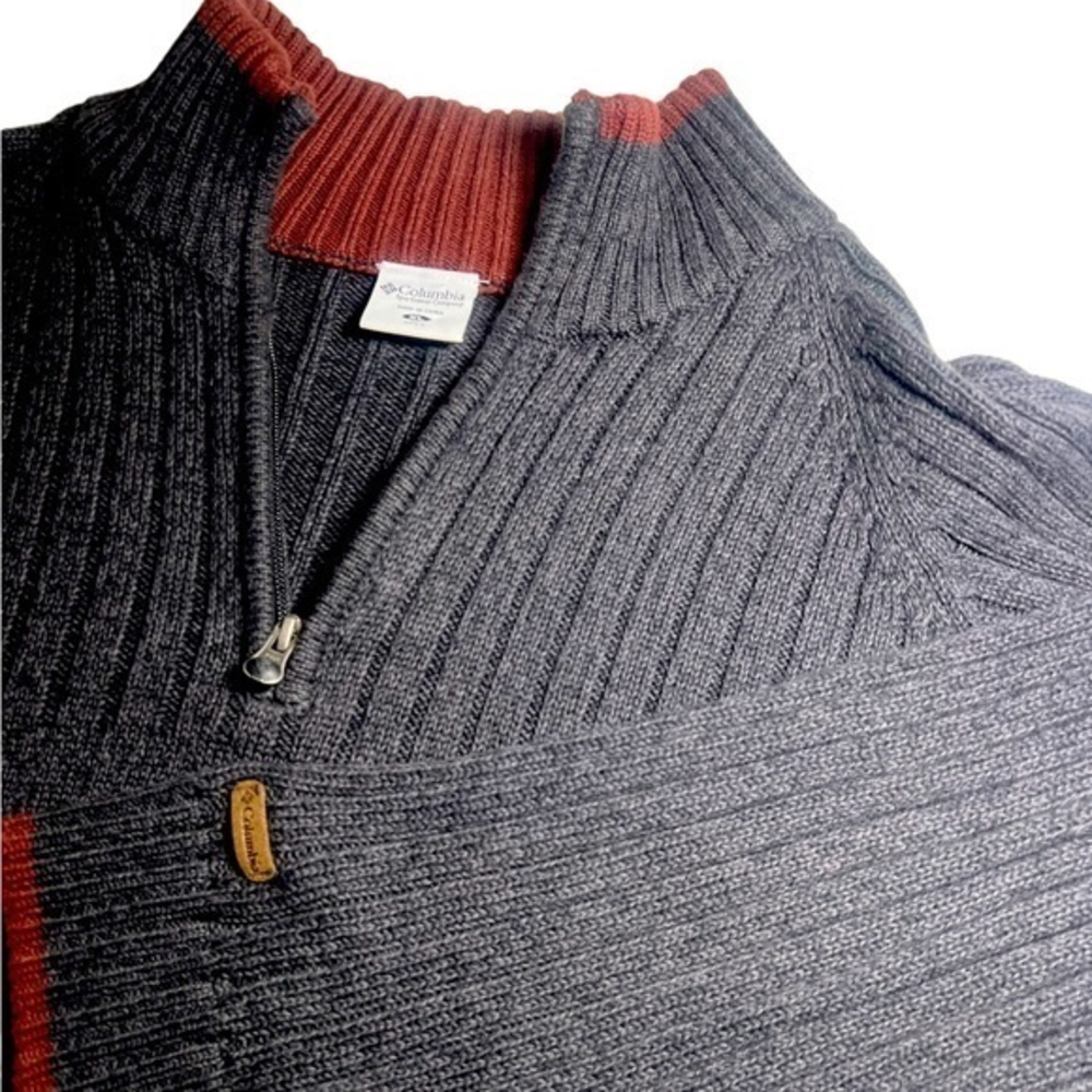 Columbia Mens 1/4 Zip 100% Cotton XL‎ Charcoal Black Grey Burgundy Trim